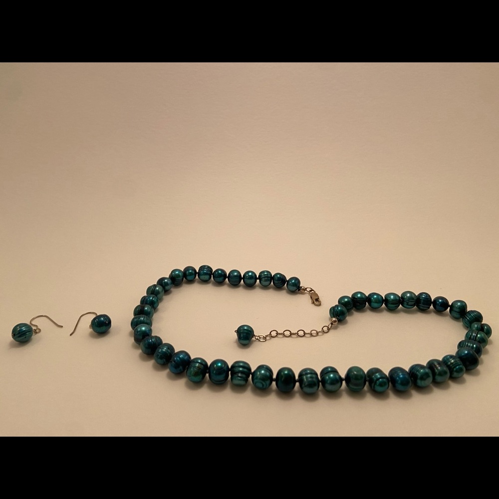 Genuine blueish green pearl necklace and earrings